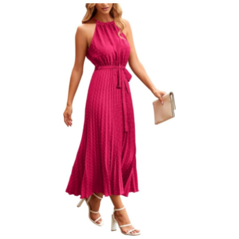 PRETTYGARDEN Women's Midi Halter Swiss Dot Ruffle Sleeveless A Line 2XL